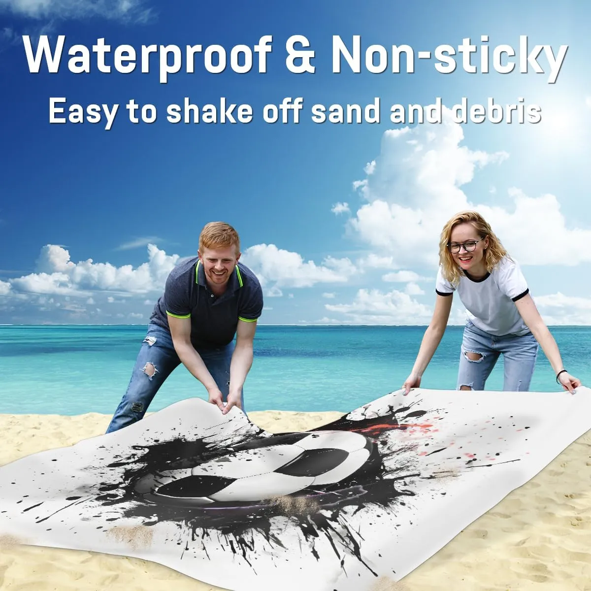 Beach Blanket, Soccer Theme Sandproof Beach Mat, Waterproof Quick Drying Sand Free Mat with 4 x Ground Spikes for Outdoor Travel Camping Hiking, Ball Soccer 68 x 59 in