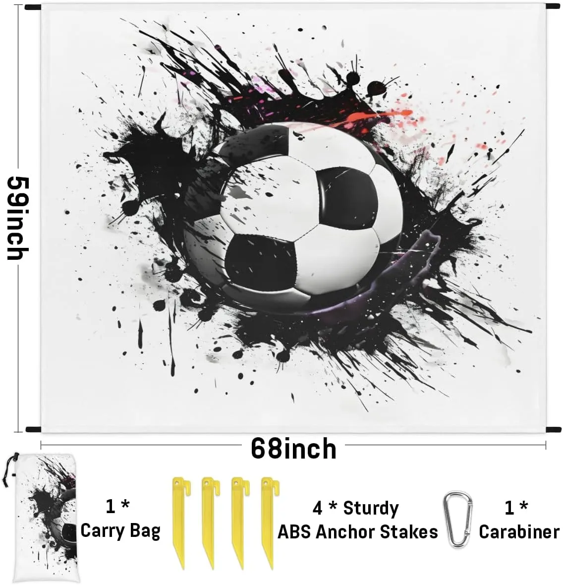 Beach Blanket, Soccer Theme Sandproof Beach Mat, Waterproof Quick Drying Sand Free Mat with 4 x Ground Spikes for Outdoor Travel Camping Hiking, Ball Soccer 68 x 59 in