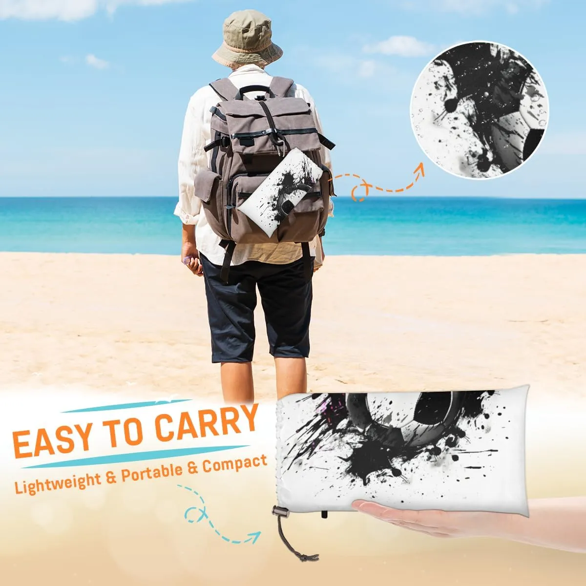 Beach Blanket, Soccer Theme Sandproof Beach Mat, Waterproof Quick Drying Sand Free Mat with 4 x Ground Spikes for Outdoor Travel Camping Hiking, Ball Soccer 68 x 59 in