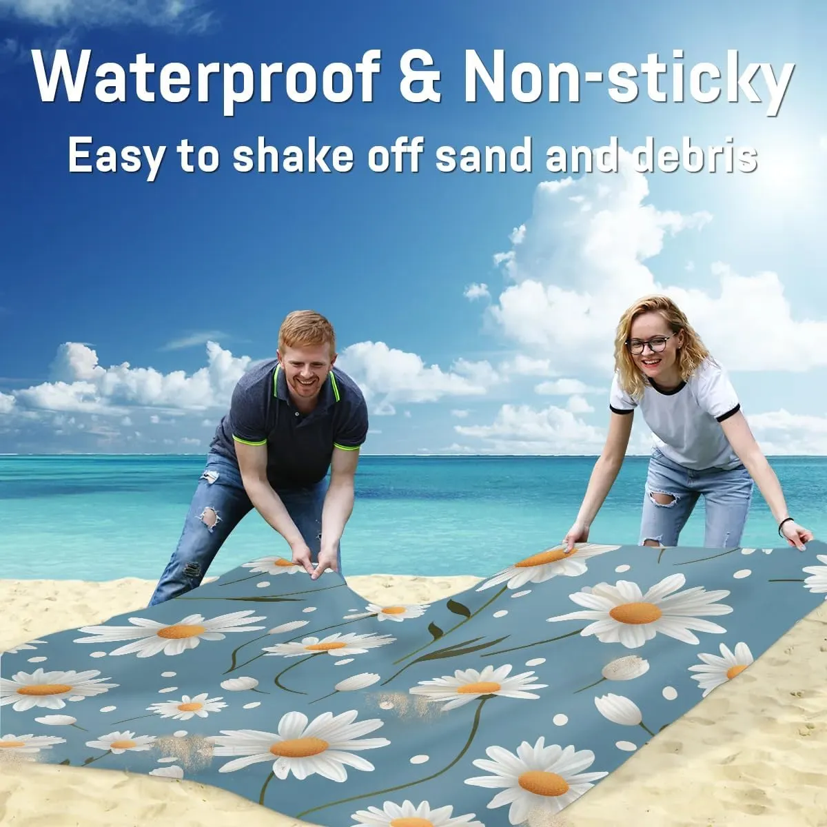 Beach Blanket, Spring Daisy Sandproof Beach Mat, Waterproof Quick Drying Sand Free Mat with 4 x Ground Spikes for Outdoor Travel Camping Hiking, Wildflower Flower 68 x 59 in