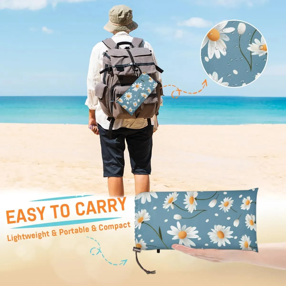 Beach Blanket, Spring Daisy Sandproof Beach Mat, Waterproof Quick Drying Sand Free Mat with 4 x Ground Spikes for Outdoor Travel Camping Hiking, Wildflower Flower 68 x 59 in