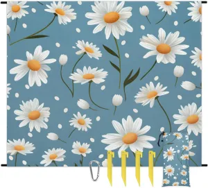 Beach Blanket, Spring Daisy Sandproof Beach Mat, Waterproof Quick Drying Sand Free Mat with 4 x Ground Spikes for Outdoor Travel Camping Hiking, Wildflower Flower 68 x 59 in
