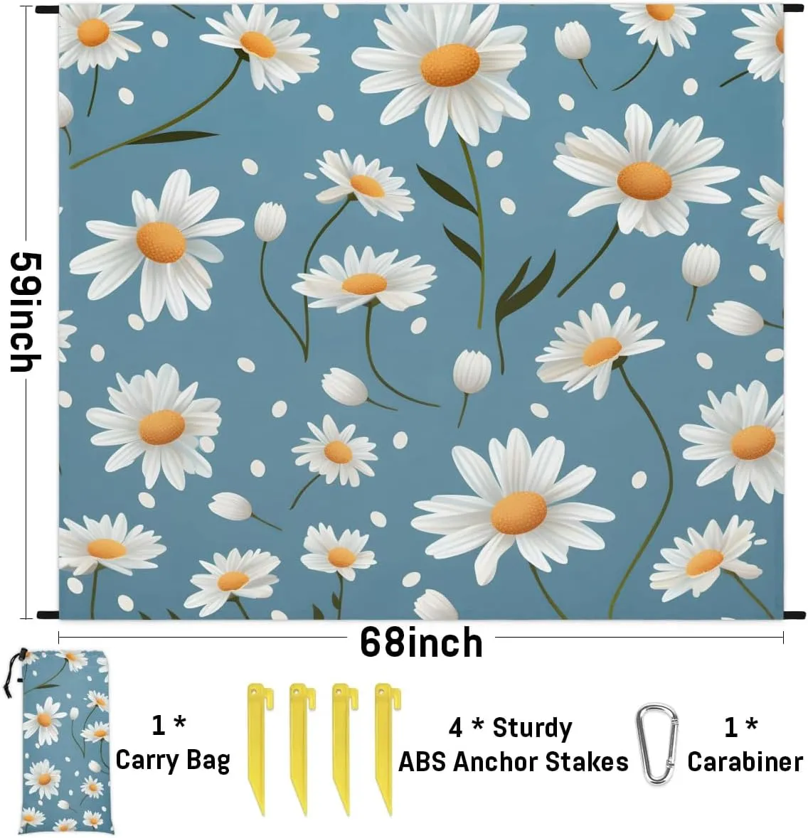 Beach Blanket, Spring Daisy Sandproof Beach Mat, Waterproof Quick Drying Sand Free Mat with 4 x Ground Spikes for Outdoor Travel Camping Hiking, Wildflower Flower 68 x 59 in