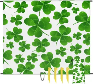 Beach Blanket, St Patricks Day Sandproof Beach Mat, Waterproof Quick Drying Sand Free Mat with 4 x Ground Spikes for Outdoor Travel Camping Hiking, Lucky Clover Leaves 68 x 59 in