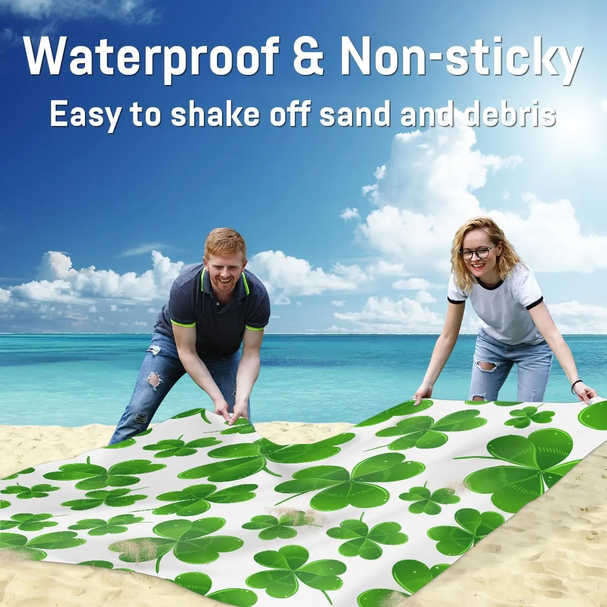 Beach Blanket, St Patricks Day Sandproof Beach Mat, Waterproof Quick Drying Sand Free Mat with 4 x Ground Spikes for Outdoor Travel Camping Hiking, Lucky Clover Leaves 68 x 59 in