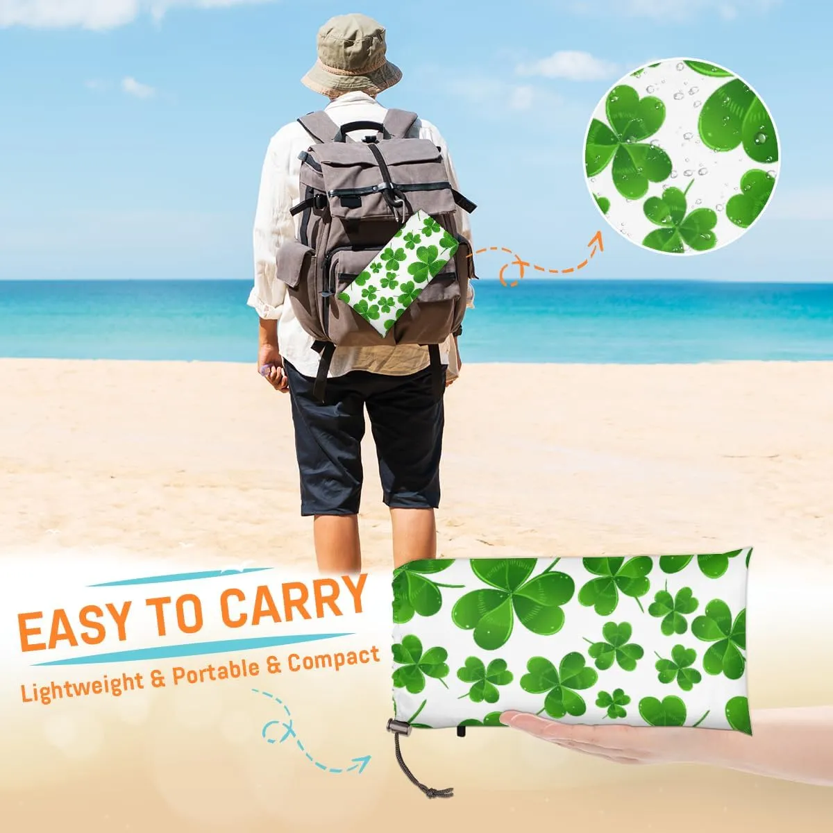 Beach Blanket, St Patricks Day Sandproof Beach Mat, Waterproof Quick Drying Sand Free Mat with 4 x Ground Spikes for Outdoor Travel Camping Hiking, Lucky Clover Leaves 68 x 59 in