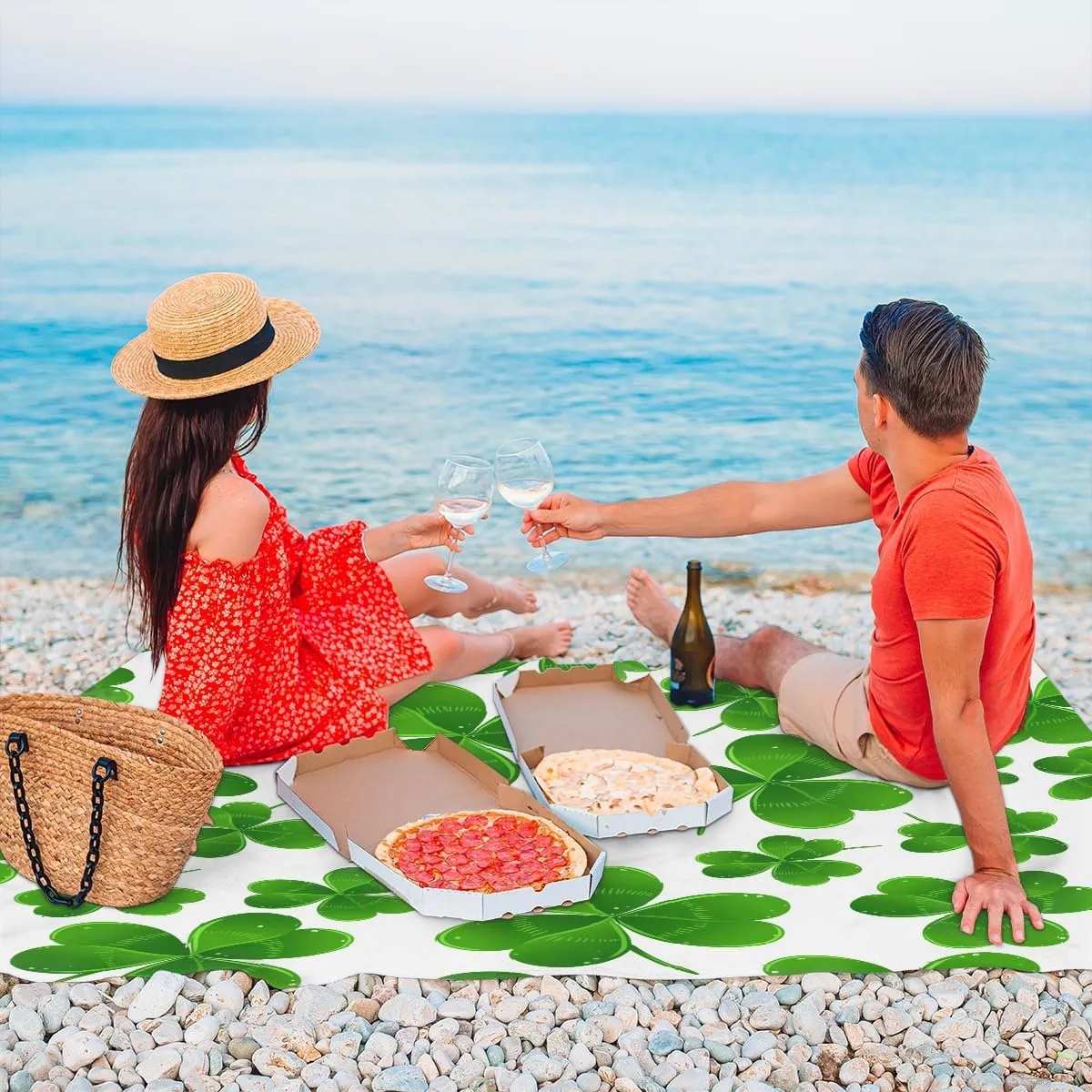 Beach Blanket, St Patricks Day Sandproof Beach Mat, Waterproof Quick Drying Sand Free Mat with 4 x Ground Spikes for Outdoor Travel Camping Hiking, Lucky Clover Leaves 68 x 59 in