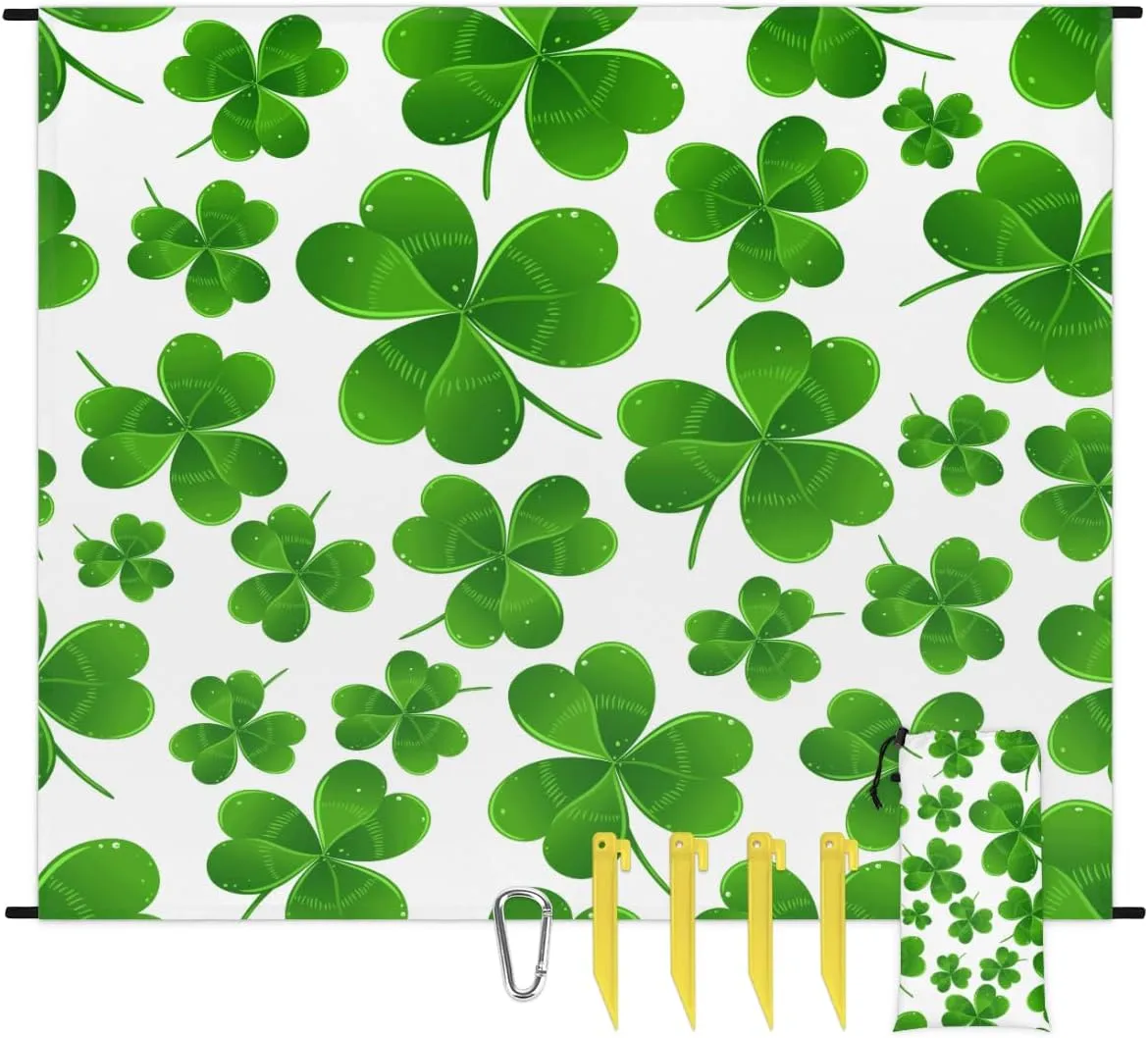 Beach Blanket, St Patricks Day Sandproof Beach Mat, Waterproof Quick Drying Sand Free Mat with 4 x Ground Spikes for Outdoor Travel Camping Hiking, Lucky Clover Leaves 68 x 59 in
