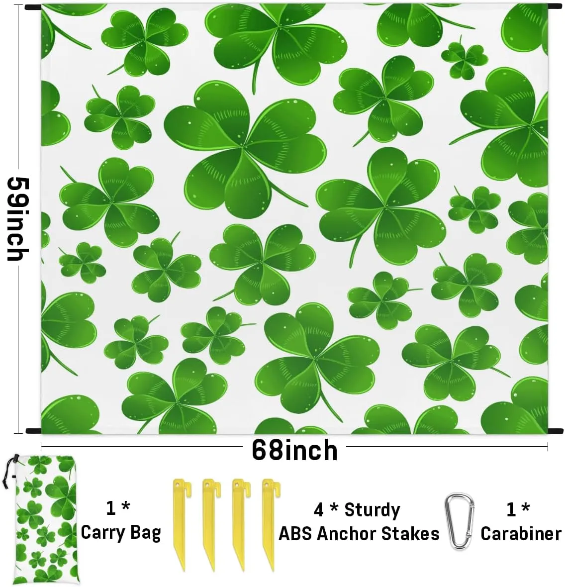 Beach Blanket, St Patricks Day Sandproof Beach Mat, Waterproof Quick Drying Sand Free Mat with 4 x Ground Spikes for Outdoor Travel Camping Hiking, Lucky Clover Leaves 68 x 59 in