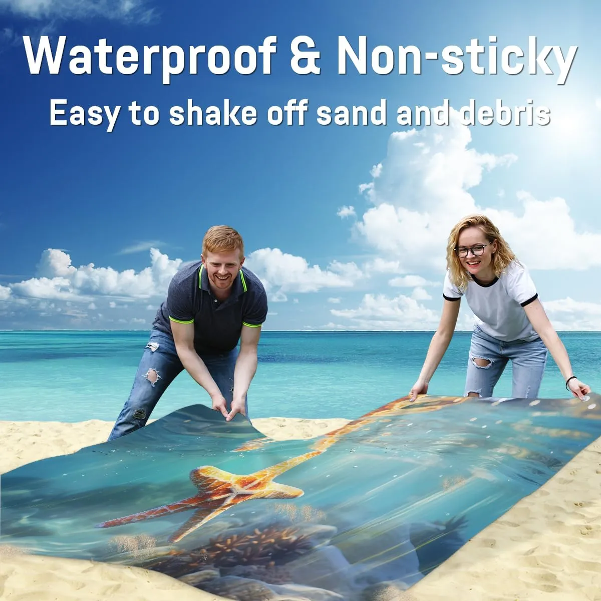 Beach Blanket, Starfish Pattern Sandproof Beach Mat, Waterproof Quick Drying Sand Free Mat with 4 x Ground Spikes for Outdoor Travel Camping Hiking, 68 x 59 in