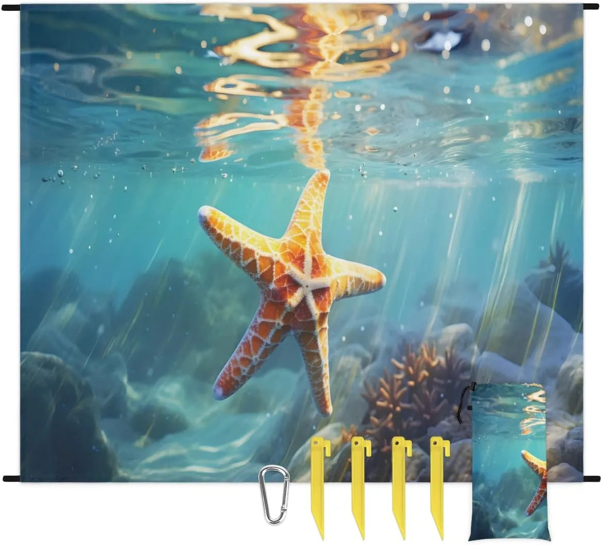 Beach Blanket, Starfish Pattern Sandproof Beach Mat, Waterproof Quick Drying Sand Free Mat with 4 x Ground Spikes for Outdoor Travel Camping Hiking, 68 x 59 in