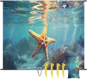Beach Blanket, Starfish Pattern Sandproof Beach Mat, Waterproof Quick Drying Sand Free Mat with 4 x Ground Spikes for Outdoor Travel Camping Hiking, 68 x 59 in