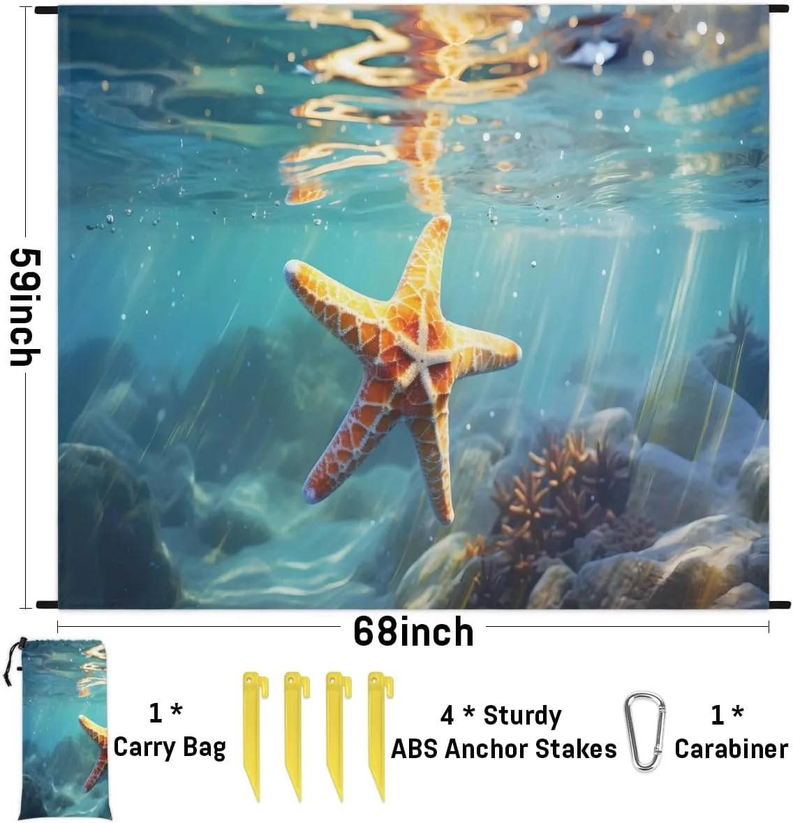 Beach Blanket, Starfish Pattern Sandproof Beach Mat, Waterproof Quick Drying Sand Free Mat with 4 x Ground Spikes for Outdoor Travel Camping Hiking, 68 x 59 in