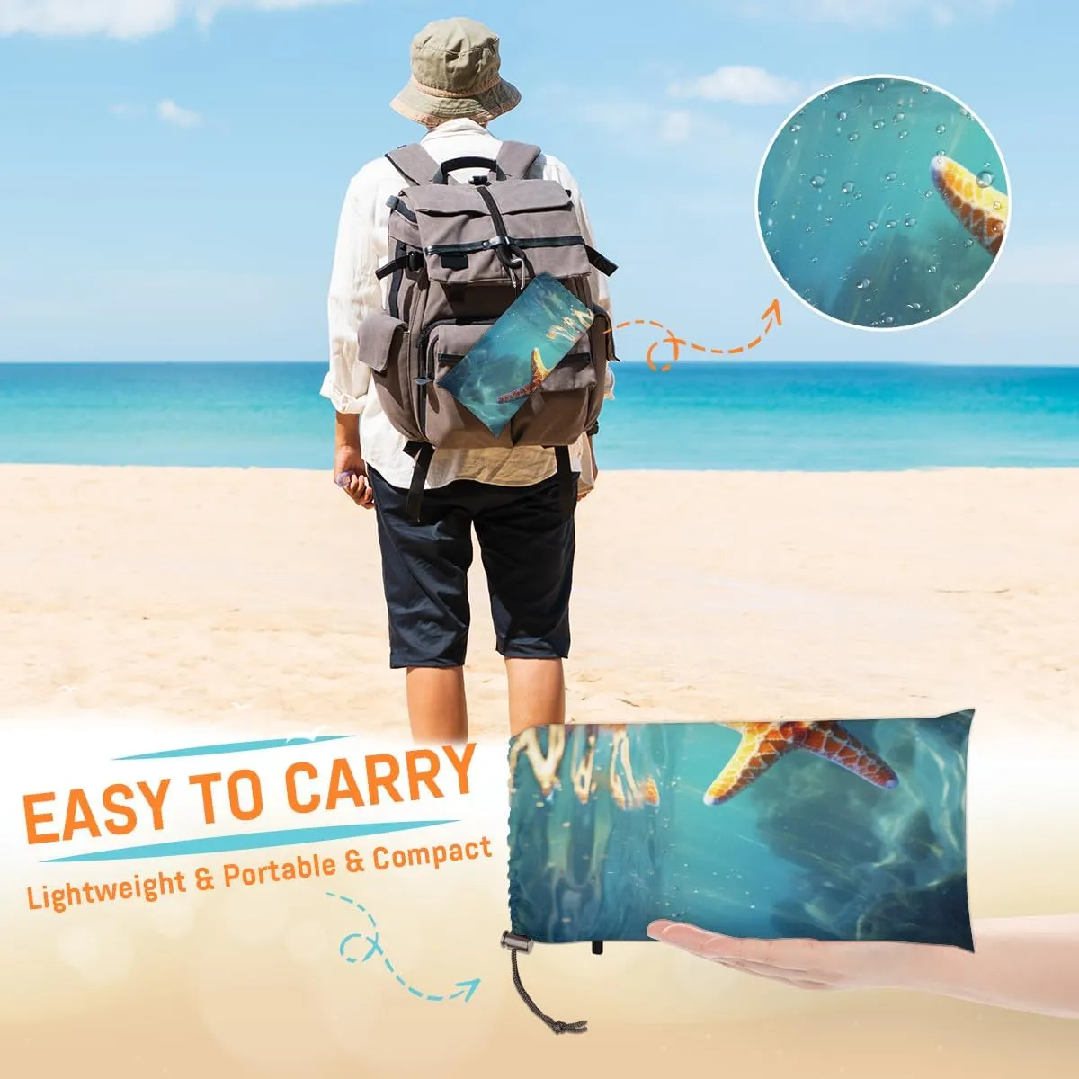 Beach Blanket, Starfish Pattern Sandproof Beach Mat, Waterproof Quick Drying Sand Free Mat with 4 x Ground Spikes for Outdoor Travel Camping Hiking, 68 x 59 in