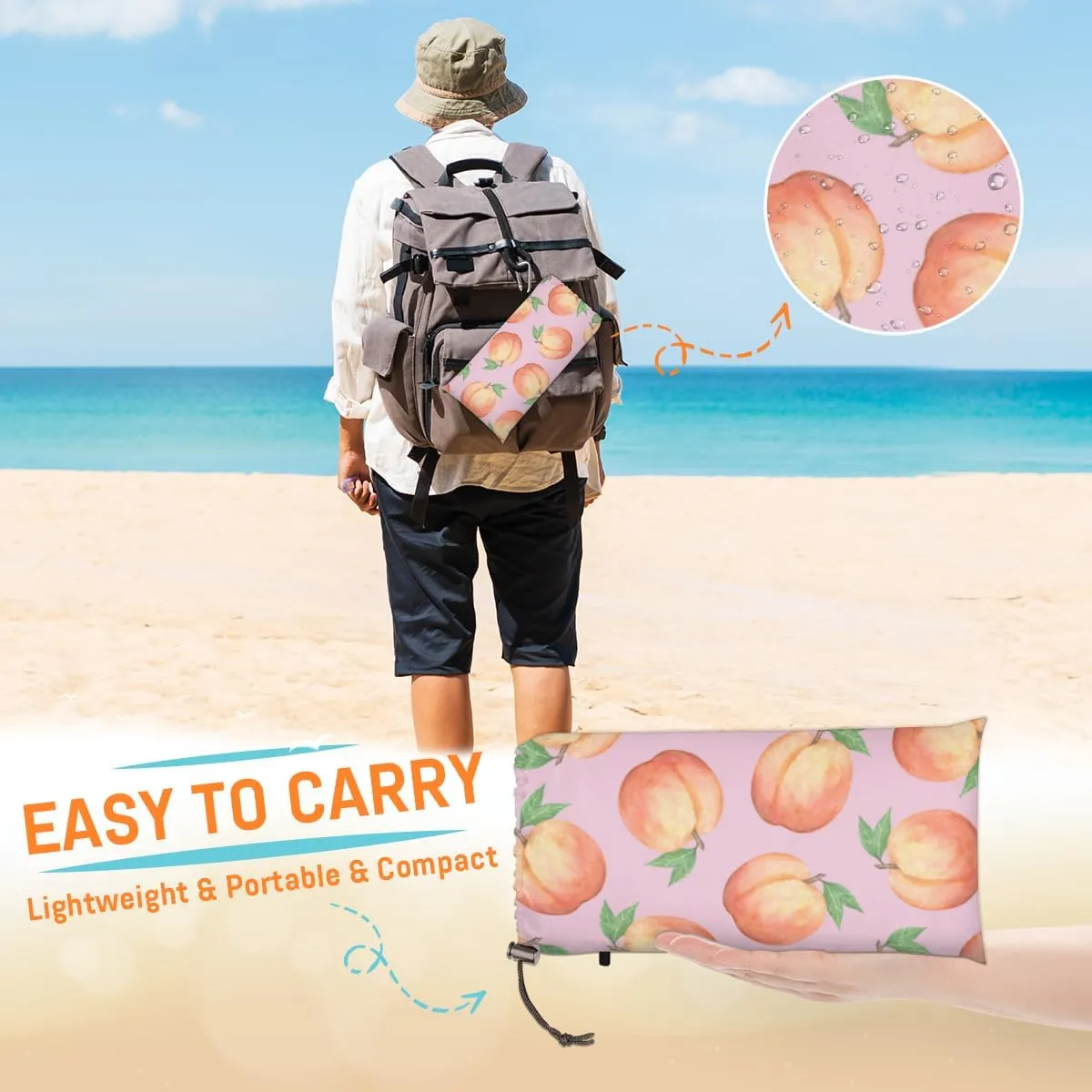 Beach Blanket, Sweet Peach Sandproof Beach Mat, Waterproof Quick Drying Sand Free Mat with 4 x Ground Spikes for Outdoor Travel Camping Hiking, Watercolor Peach 68 x 59 in
