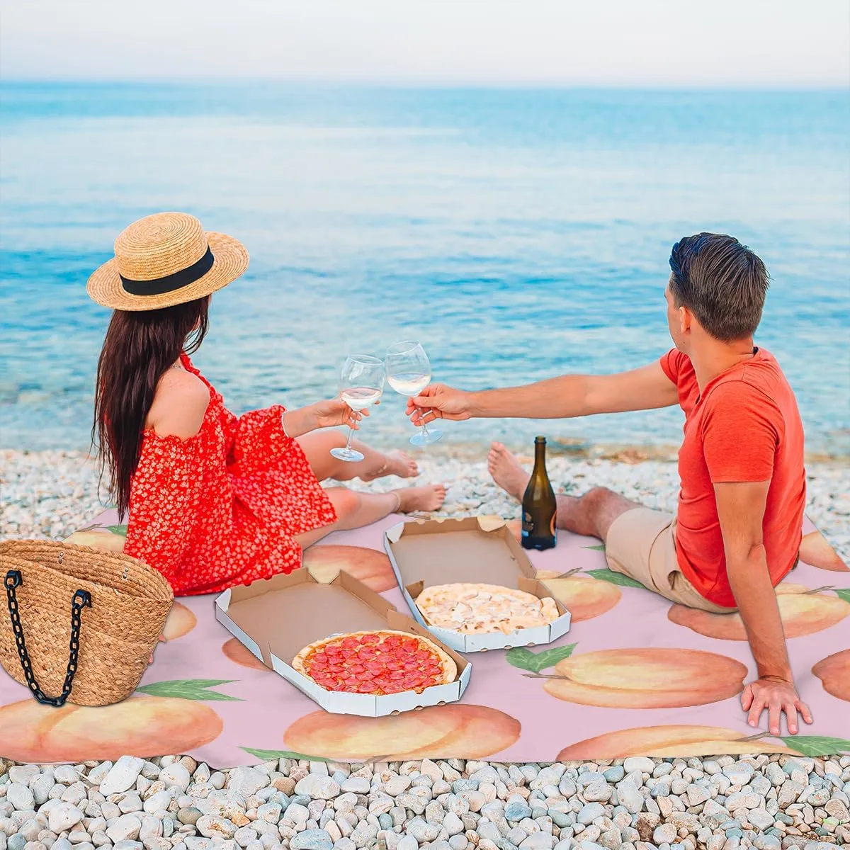 Beach Blanket, Sweet Peach Sandproof Beach Mat, Waterproof Quick Drying Sand Free Mat with 4 x Ground Spikes for Outdoor Travel Camping Hiking, Watercolor Peach 68 x 59 in