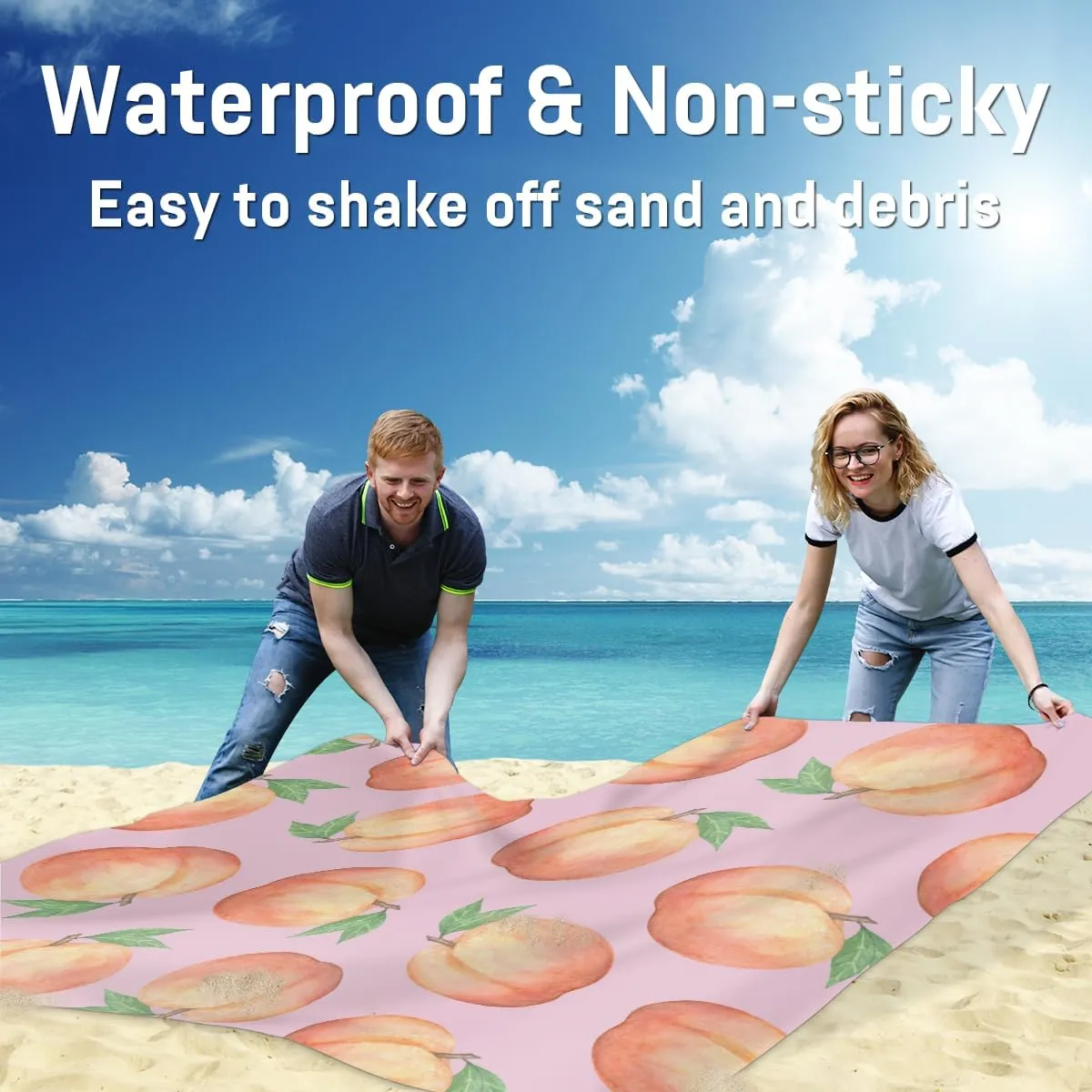 Beach Blanket, Sweet Peach Sandproof Beach Mat, Waterproof Quick Drying Sand Free Mat with 4 x Ground Spikes for Outdoor Travel Camping Hiking, Watercolor Peach 68 x 59 in