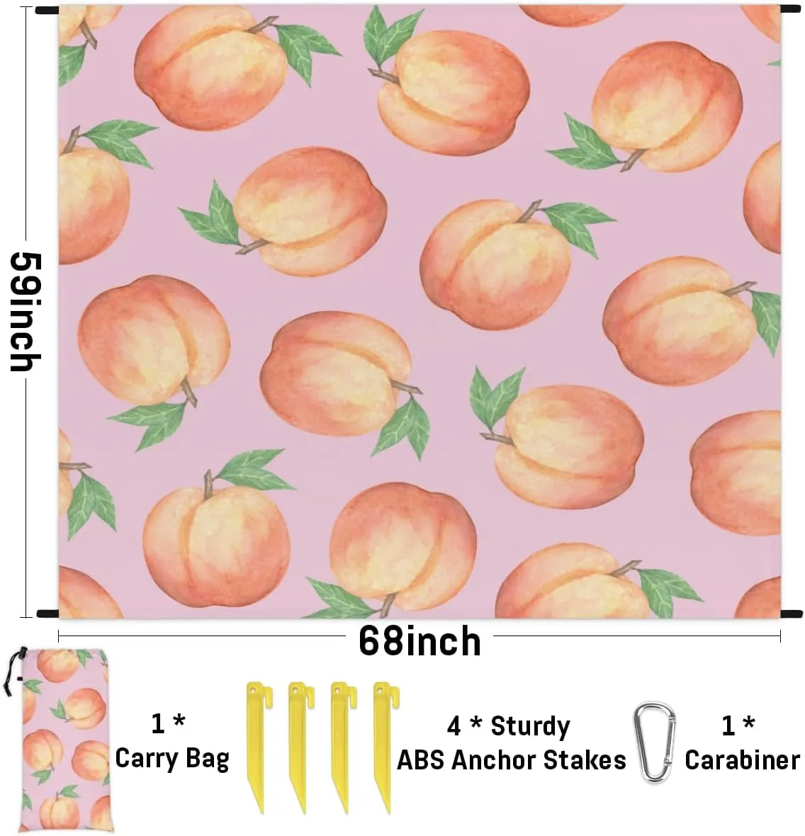 Beach Blanket, Sweet Peach Sandproof Beach Mat, Waterproof Quick Drying Sand Free Mat with 4 x Ground Spikes for Outdoor Travel Camping Hiking, Watercolor Peach 68 x 59 in