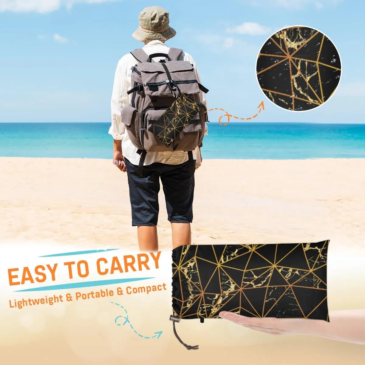 Beach Blanket, Triangle Sandproof Beach Mat, Waterproof Quick Drying Sand Free Mat with 4 x Ground Spikes for Outdoor Travel Camping Hiking, Marble Texture 68 x 59 in