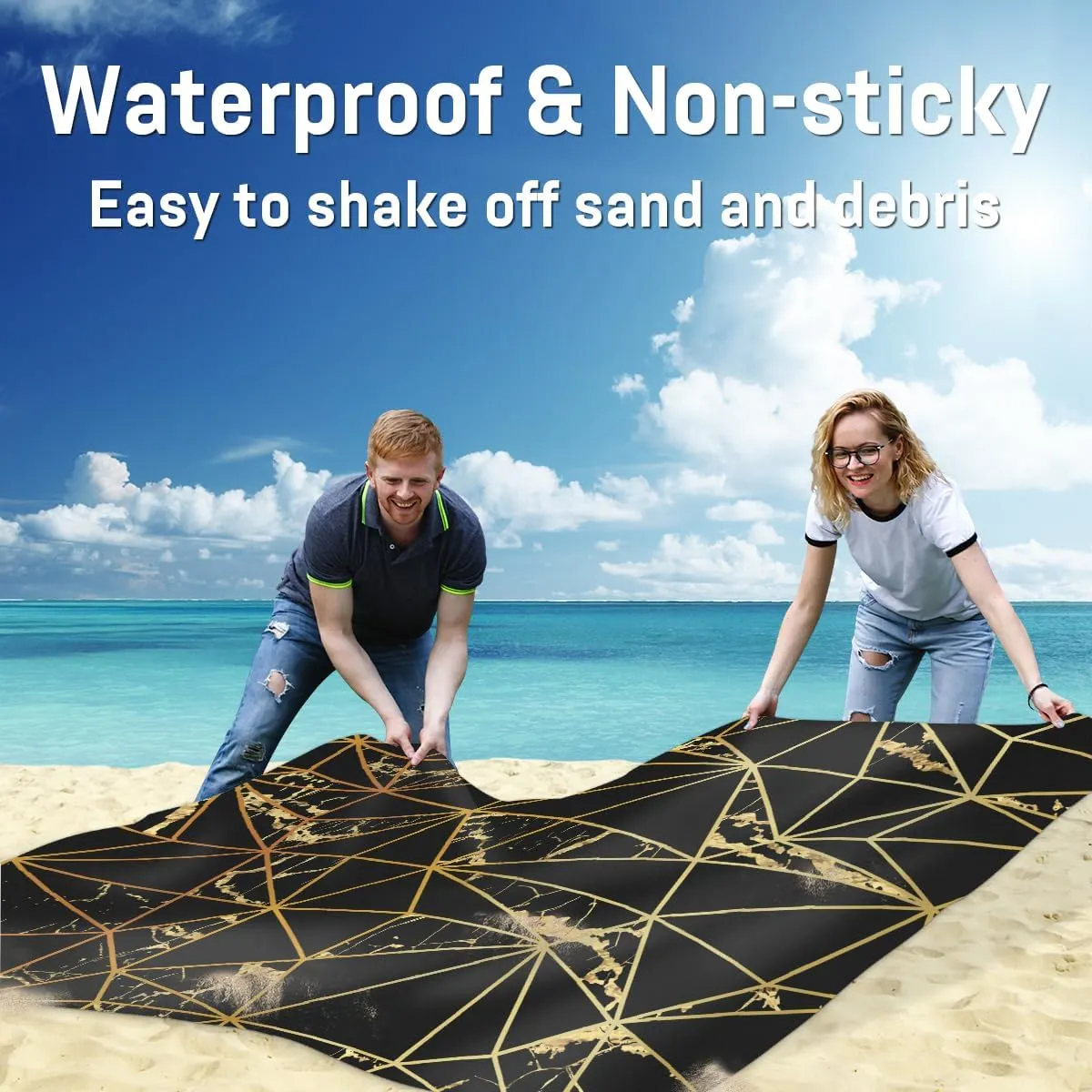 Beach Blanket, Triangle Sandproof Beach Mat, Waterproof Quick Drying Sand Free Mat with 4 x Ground Spikes for Outdoor Travel Camping Hiking, Marble Texture 68 x 59 in