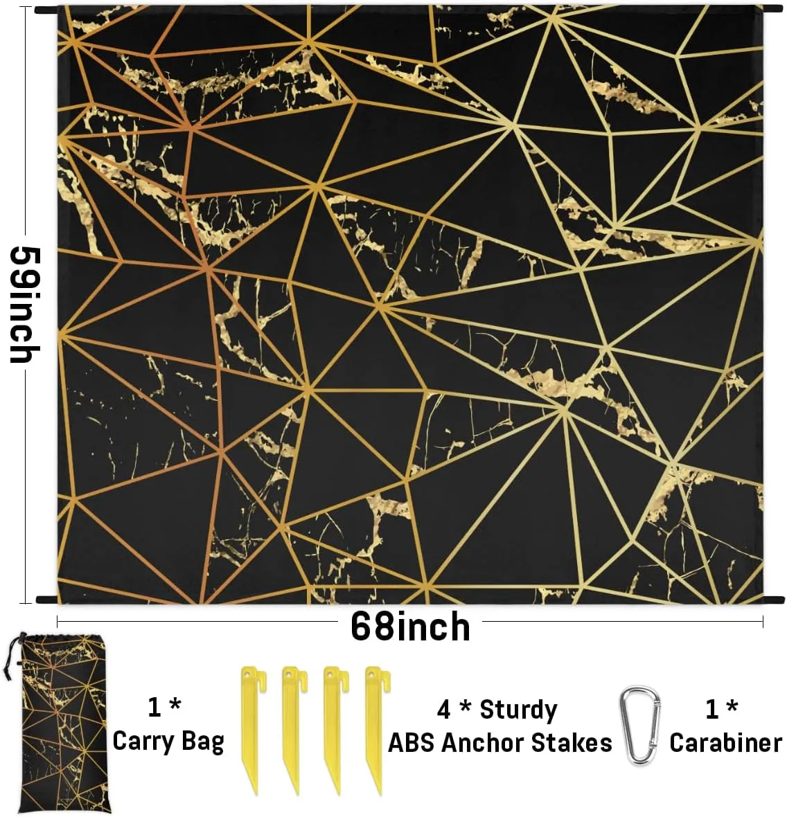 Beach Blanket, Triangle Sandproof Beach Mat, Waterproof Quick Drying Sand Free Mat with 4 x Ground Spikes for Outdoor Travel Camping Hiking, Marble Texture 68 x 59 in