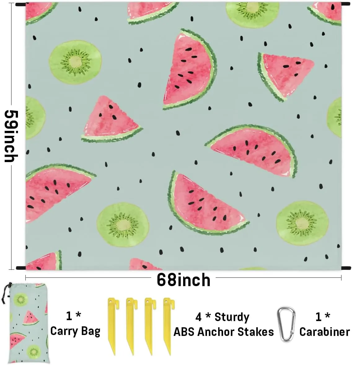 Beach Blanket, Watermelon Sandproof Beach Mat, Waterproof Quick Drying Sand Free Mat with 4 x Ground Spikes for Outdoor Travel Camping Hiking, Summer Kiwi 68 x 59 in