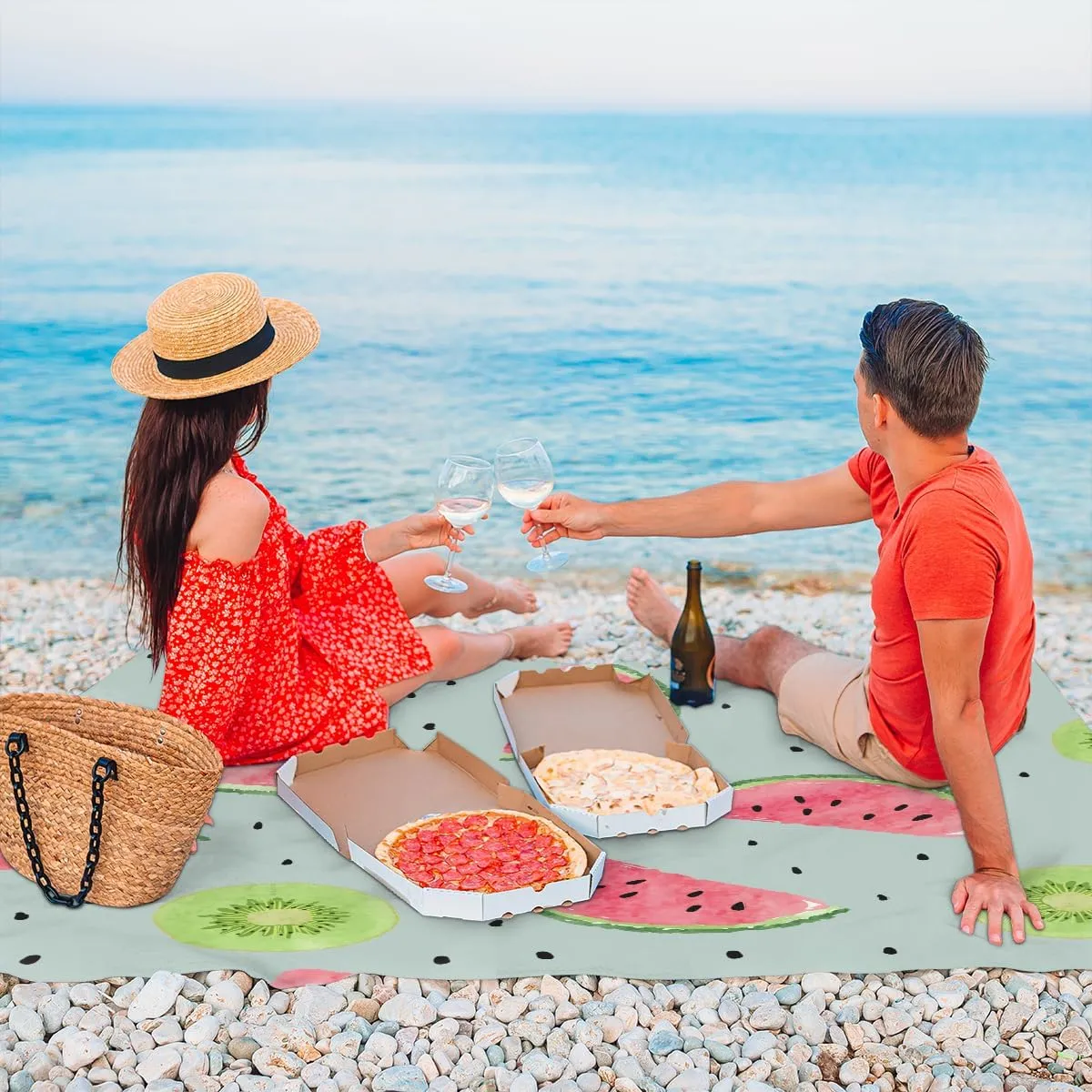 Beach Blanket, Watermelon Sandproof Beach Mat, Waterproof Quick Drying Sand Free Mat with 4 x Ground Spikes for Outdoor Travel Camping Hiking, Summer Kiwi 68 x 59 in