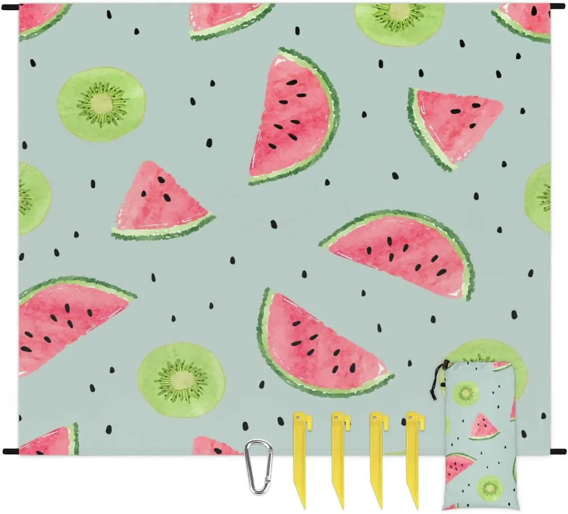 Beach Blanket, Watermelon Sandproof Beach Mat, Waterproof Quick Drying Sand Free Mat with 4 x Ground Spikes for Outdoor Travel Camping Hiking, Summer Kiwi 68 x 59 in