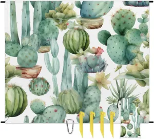 Beach Blanket, Wild Cactus Sandproof Beach Mat, Waterproof Quick Drying Sand Free Mat with 4 x Ground Spikes for Outdoor Travel Camping Hiking, Cute Cactus 68 x 59 in
