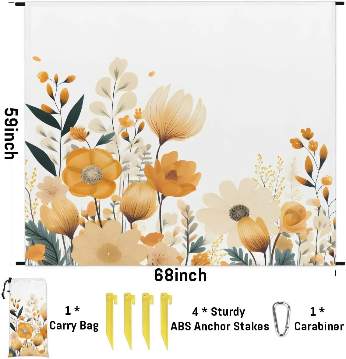 Beach Blanket, Yellow Flowers Daisy Sandproof Beach Mat, Waterproof Quick Drying Sand Free Mat with 4 x Ground Spikes for Outdoor Travel Camping Hiking, Wild Flowers 68 x 59 in