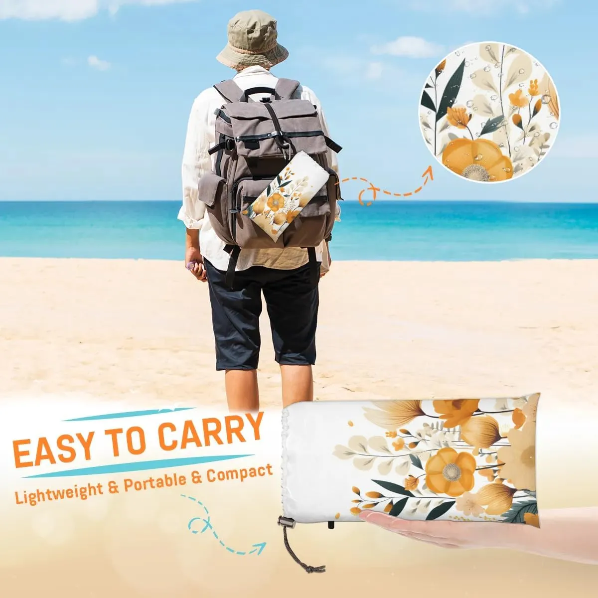 Beach Blanket, Yellow Flowers Daisy Sandproof Beach Mat, Waterproof Quick Drying Sand Free Mat with 4 x Ground Spikes for Outdoor Travel Camping Hiking, Wild Flowers 68 x 59 in