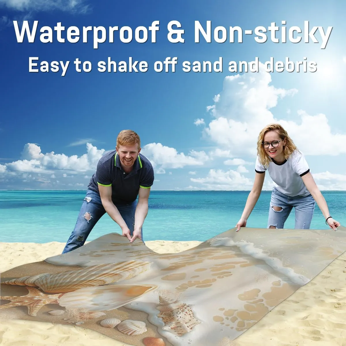 Beach Coastal Beach Blanket, Sandproof Beach Mat, Adults Waterproof Quick Drying Sand Free Mat with 4 x Ground Spikes for Outdoor Travel Camping Hiking, Shell Starfish Coral