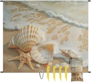 Beach Coastal Beach Blanket, Sandproof Beach Mat, Adults Waterproof Quick Drying Sand Free Mat with 4 x Ground Spikes for Outdoor Travel Camping Hiking, Shell Starfish Coral