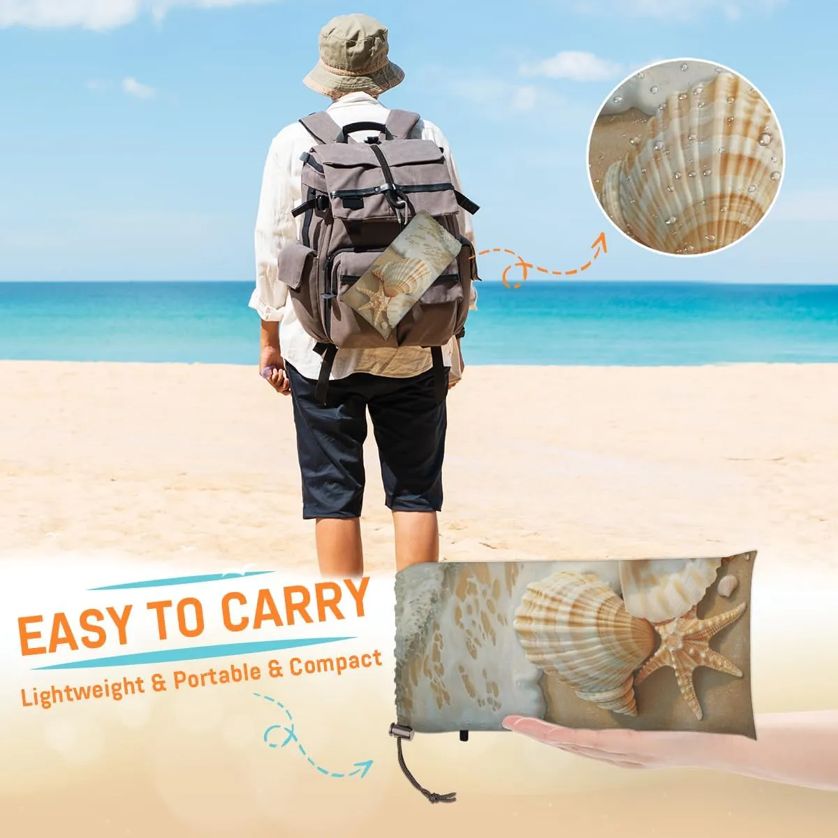 Beach Coastal Beach Blanket, Sandproof Beach Mat, Adults Waterproof Quick Drying Sand Free Mat with 4 x Ground Spikes for Outdoor Travel Camping Hiking, Shell Starfish Coral