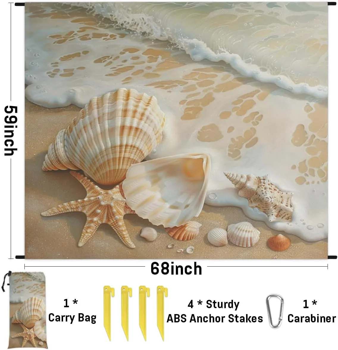 Beach Coastal Beach Blanket, Sandproof Beach Mat, Adults Waterproof Quick Drying Sand Free Mat with 4 x Ground Spikes for Outdoor Travel Camping Hiking, Shell Starfish Coral