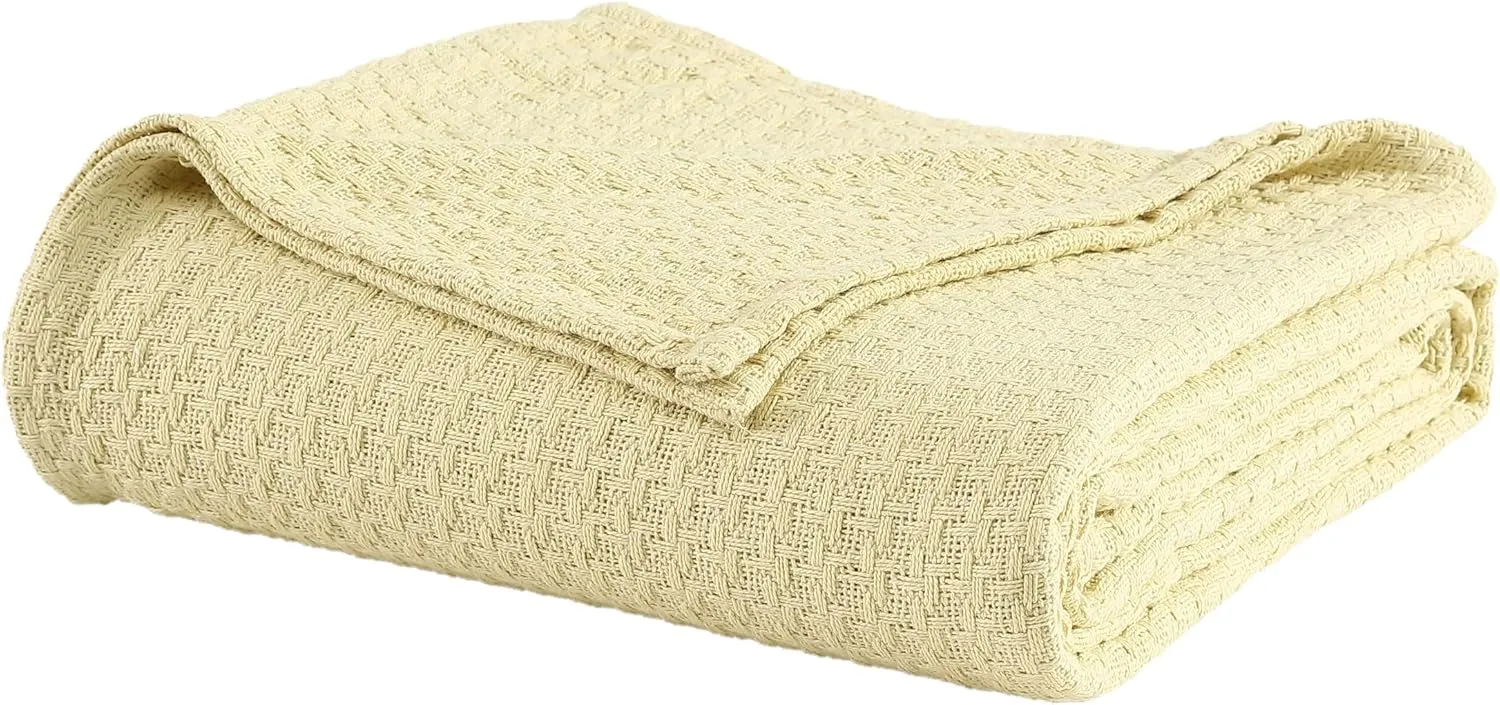 Beatrice Home Fashions Grand Hotel Lightweight All-Natural 100% Cotton Waffle Weave Blanket, Full/Queen, Lemon