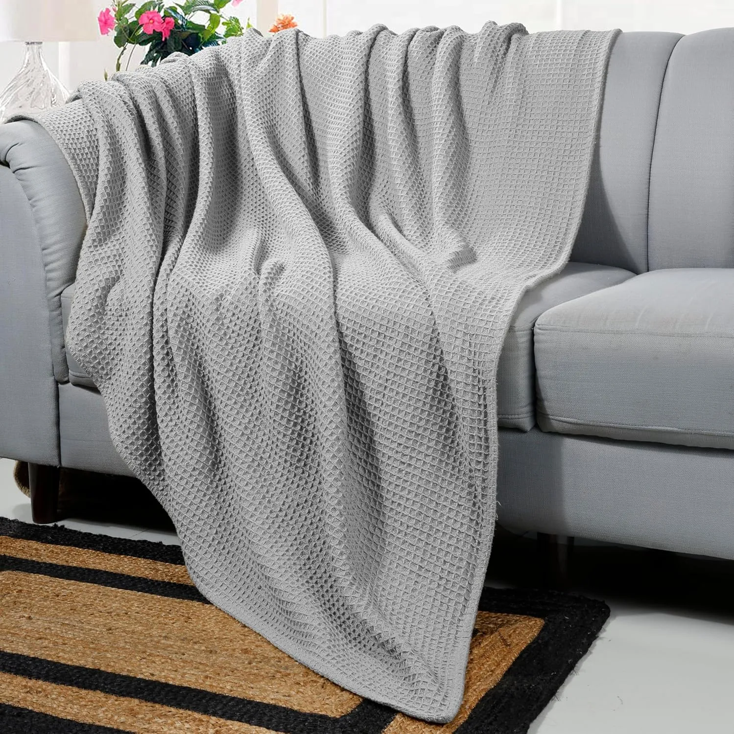Bed Bath & Home Waffle Texture 100% Cotton Blanket - Ideal for Home Decor & Snuggle - Soft Cozy Breathable Lightweight Layering All Season Thermal Blanket Twin (60 x 90 Inches) Light Grey