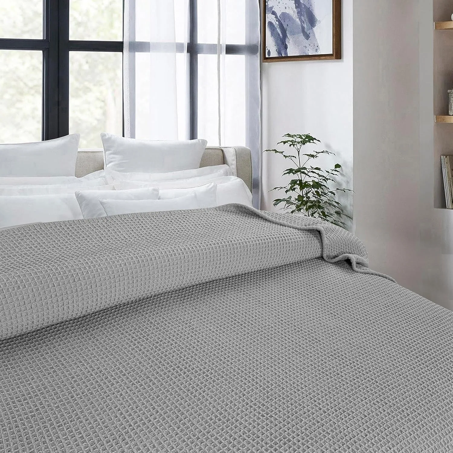 Bed Bath & Home Waffle Texture 100% Cotton Blanket - Ideal for Home Decor & Snuggle - Soft Cozy Breathable Lightweight Layering All Season Thermal Blanket Twin (60 x 90 Inches) Light Grey