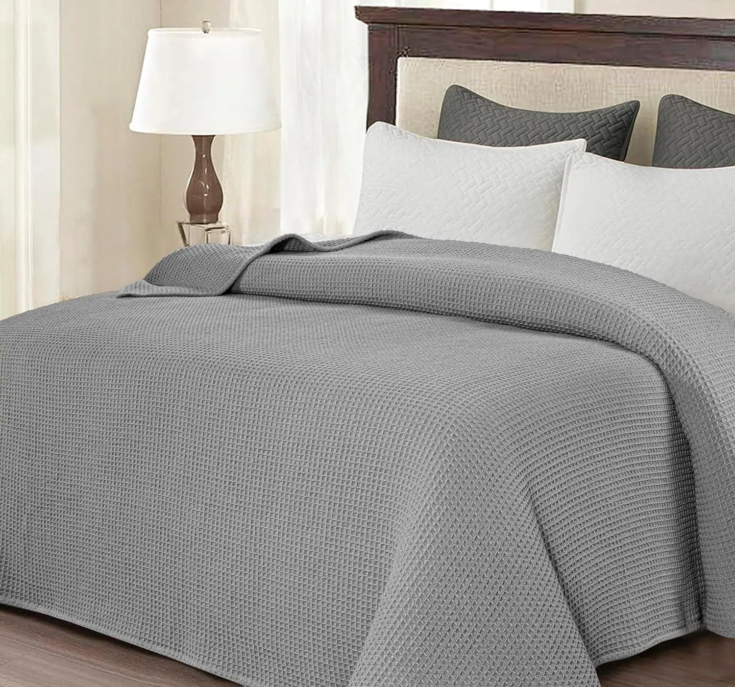 Bed Bath & Home Waffle Texture 100% Cotton Blanket - Ideal for Home Decor & Snuggle - Soft Cozy Breathable Lightweight Layering All Season Thermal Blanket Twin (60 x 90 Inches) Light Grey