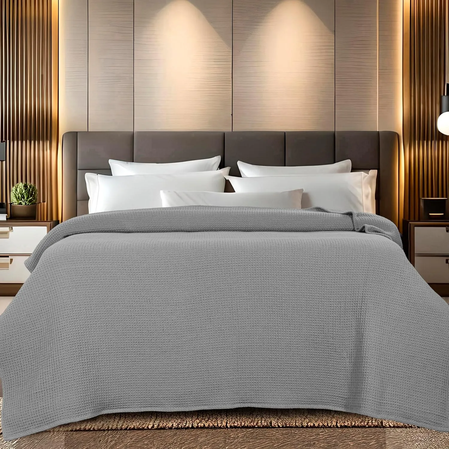 Bed Bath & Home Waffle Texture 100% Cotton Blanket - Ideal for Home Decor & Snuggle - Soft Cozy Breathable Lightweight Layering All Season Thermal Blanket Twin (60 x 90 Inches) Light Grey