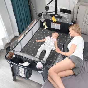 Bedside Bassinet for Baby, Baby Crib with Mosquito Net, Mattress, Diaper Changer, Baby Playpen for Newborn to Toddles, Portable Crib for Baby, Pack and Play with Bassinet, 5 in 1 Bedside Crib