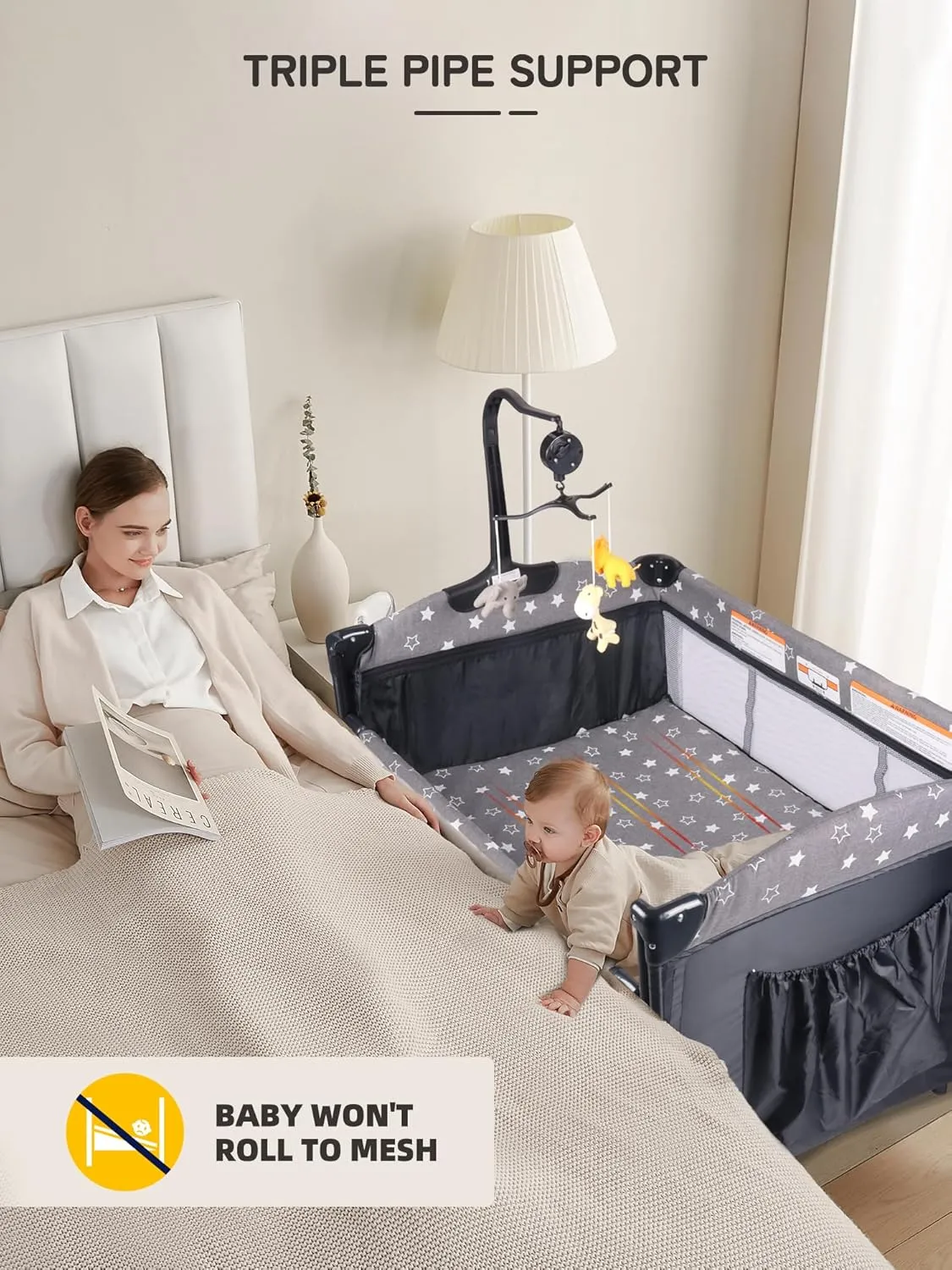 Bedside Bassinet for Baby, Baby Crib with Mosquito Net, Mattress, Diaper Changer, Baby Playpen for Newborn to Toddles, Portable Crib for Baby, Pack and Play with Bassinet, 5 in 1 Bedside Crib