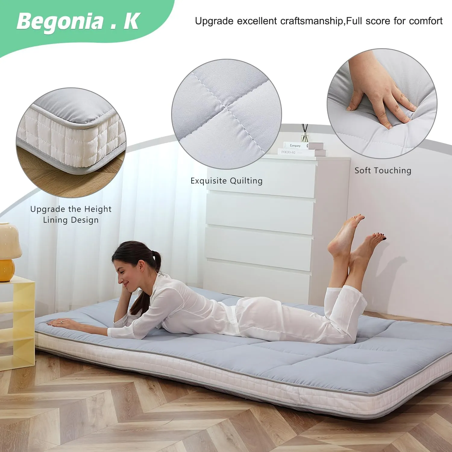 Begonia.K Japanese Floor Futon Mattress, Extra Thick Foldable and Portable Tatami Mat Sleeping Pad for Camping, Guest Room, Lounger and Tavel, Twin Full Queen