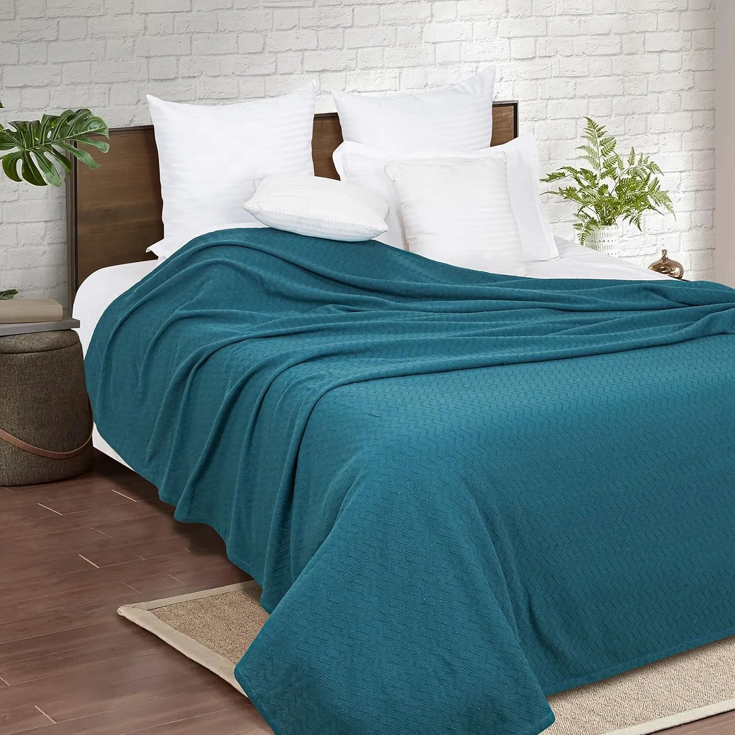 BELIZZI HOME 100% Cotton Bed Blanket, Breathable Thermal Blanket Twin Size, Soft Chevron 60 inch x90 , Perfect for Layering Any All Season, Teal