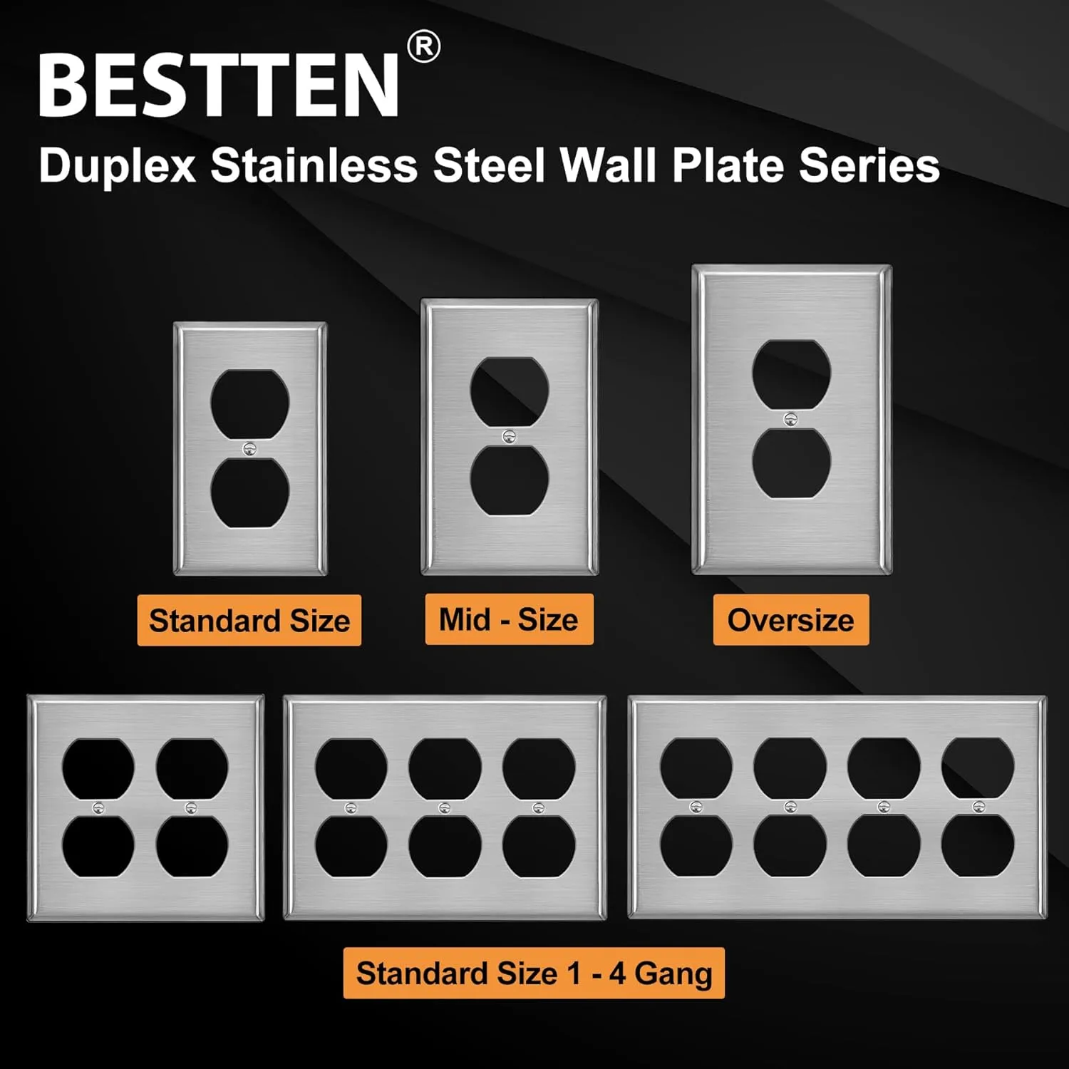 BESTTEN 10 Pack Duplex Receptacle Metal Wall Plate with Protective Film, 1 Gang Standard Industrial Stainless Steel Outlet Cover, Durable Corrosion Resistant, Brushed Finish, Silver