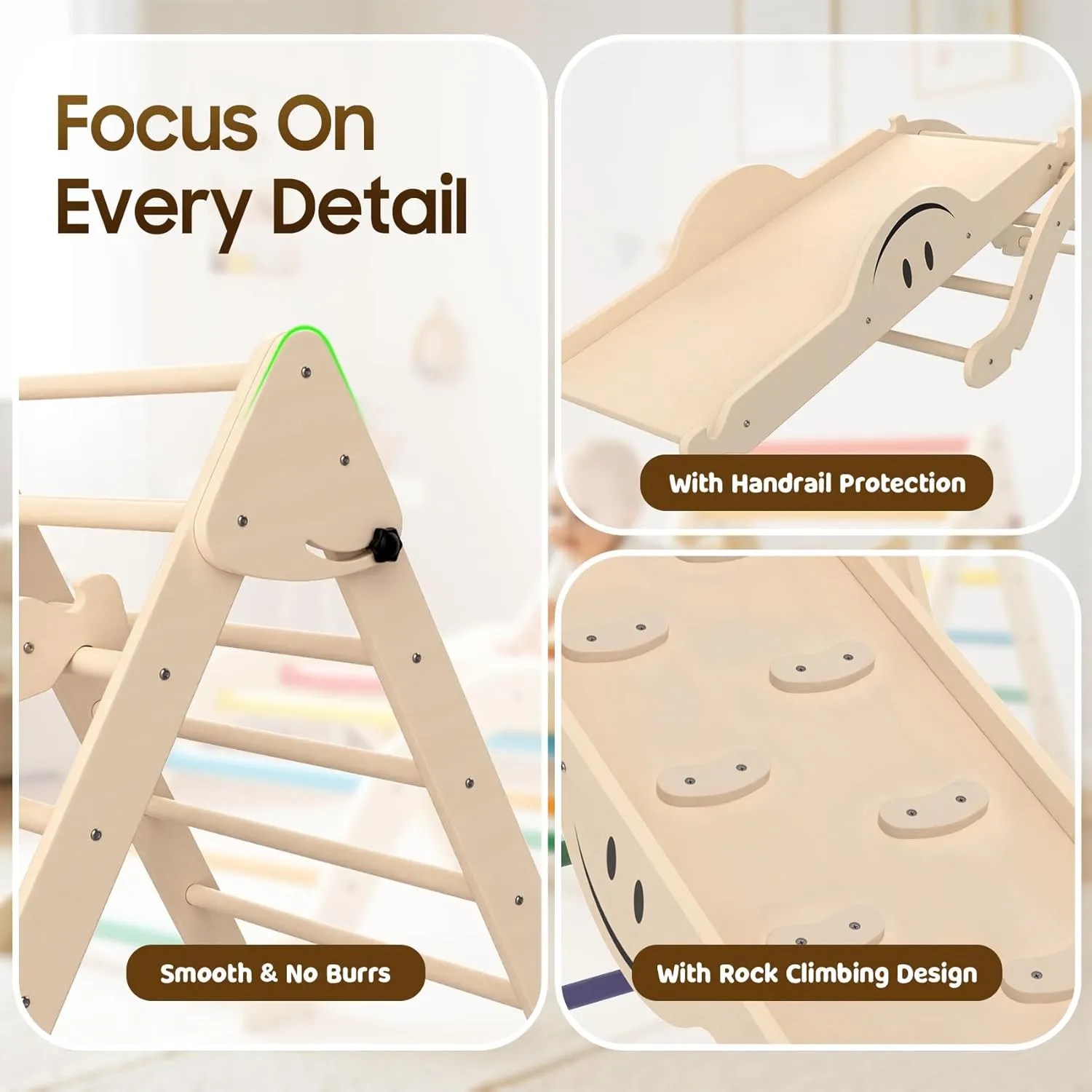 BIERUM Pikler Triangle Set 8 in 1, Wooden Toddler Climbing Toys Indoor with Soft Cushion,Foldable Pickler Climbing Set with Ramp Inside, Montessori Kids Climbing Gym, Natural