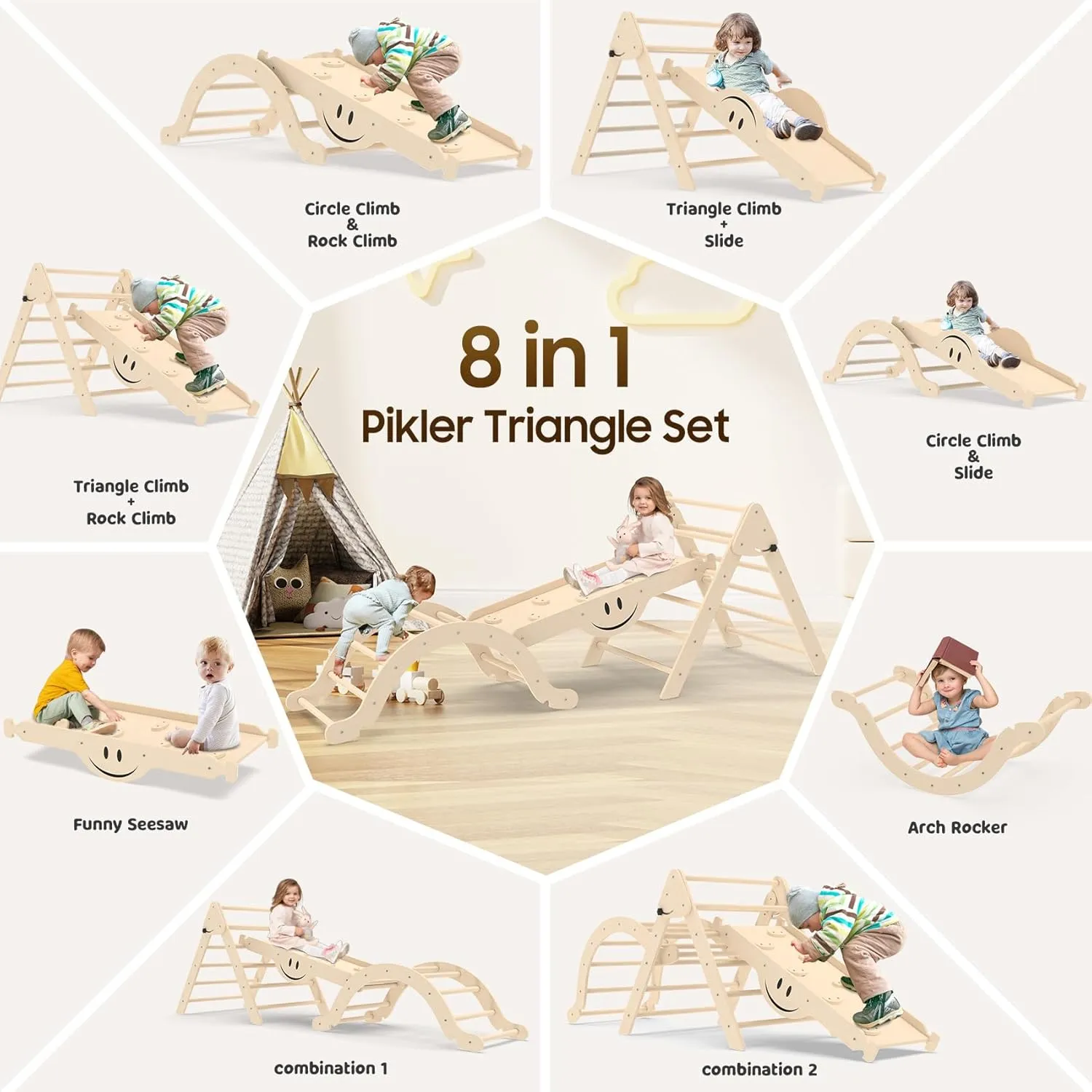 BIERUM Pikler Triangle Set 8 in 1, Wooden Toddler Climbing Toys Indoor with Soft Cushion,Foldable Pickler Climbing Set with Ramp Inside, Montessori Kids Climbing Gym, Natural