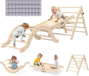 BIERUM Pikler Triangle Set 8 in 1, Wooden Toddler Climbing Toys Indoor with Soft Cushion,Foldable Pickler Climbing Set with Ramp Inside, Montessori Kids Climbing Gym, Natural