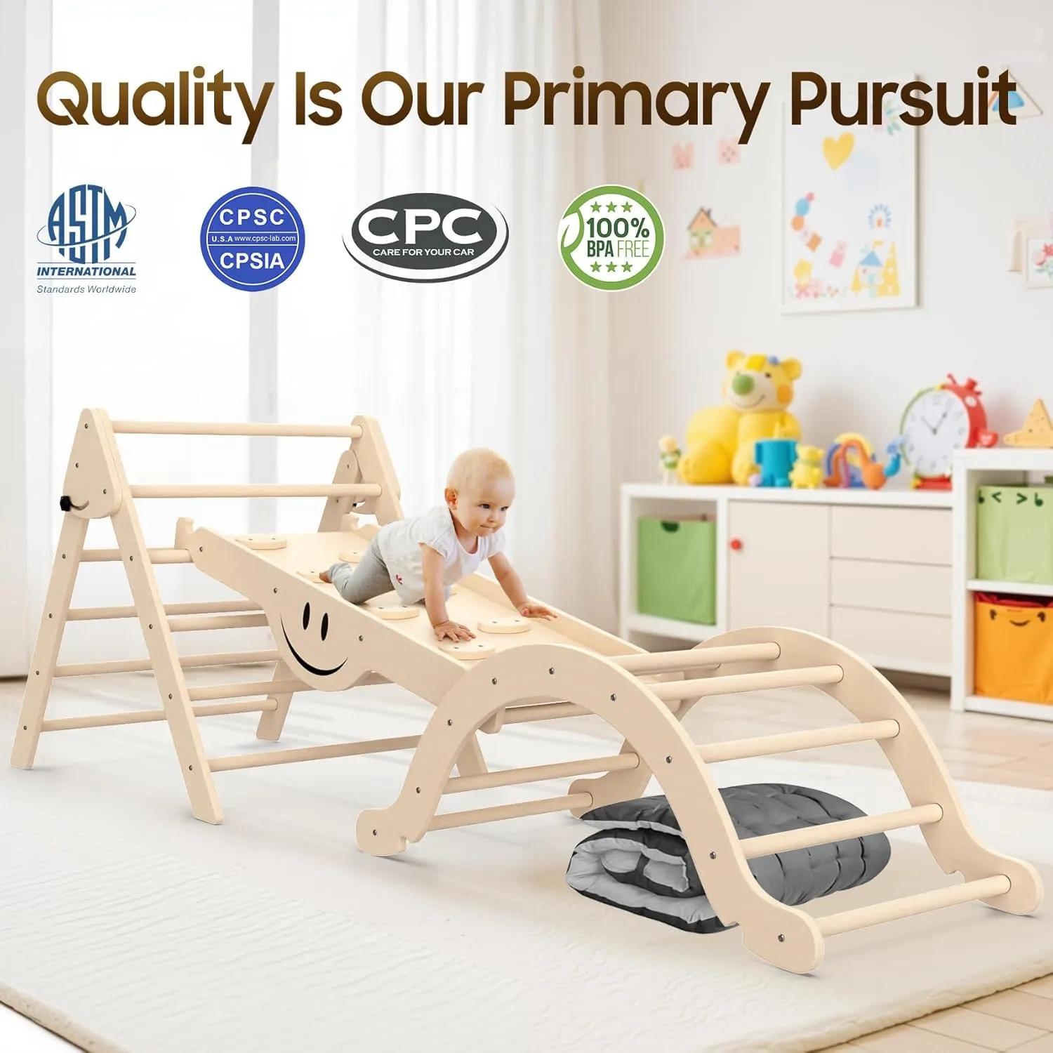 BIERUM Pikler Triangle Set 8 in 1, Wooden Toddler Climbing Toys Indoor with Soft Cushion,Foldable Pickler Climbing Set with Ramp Inside, Montessori Kids Climbing Gym, Natural