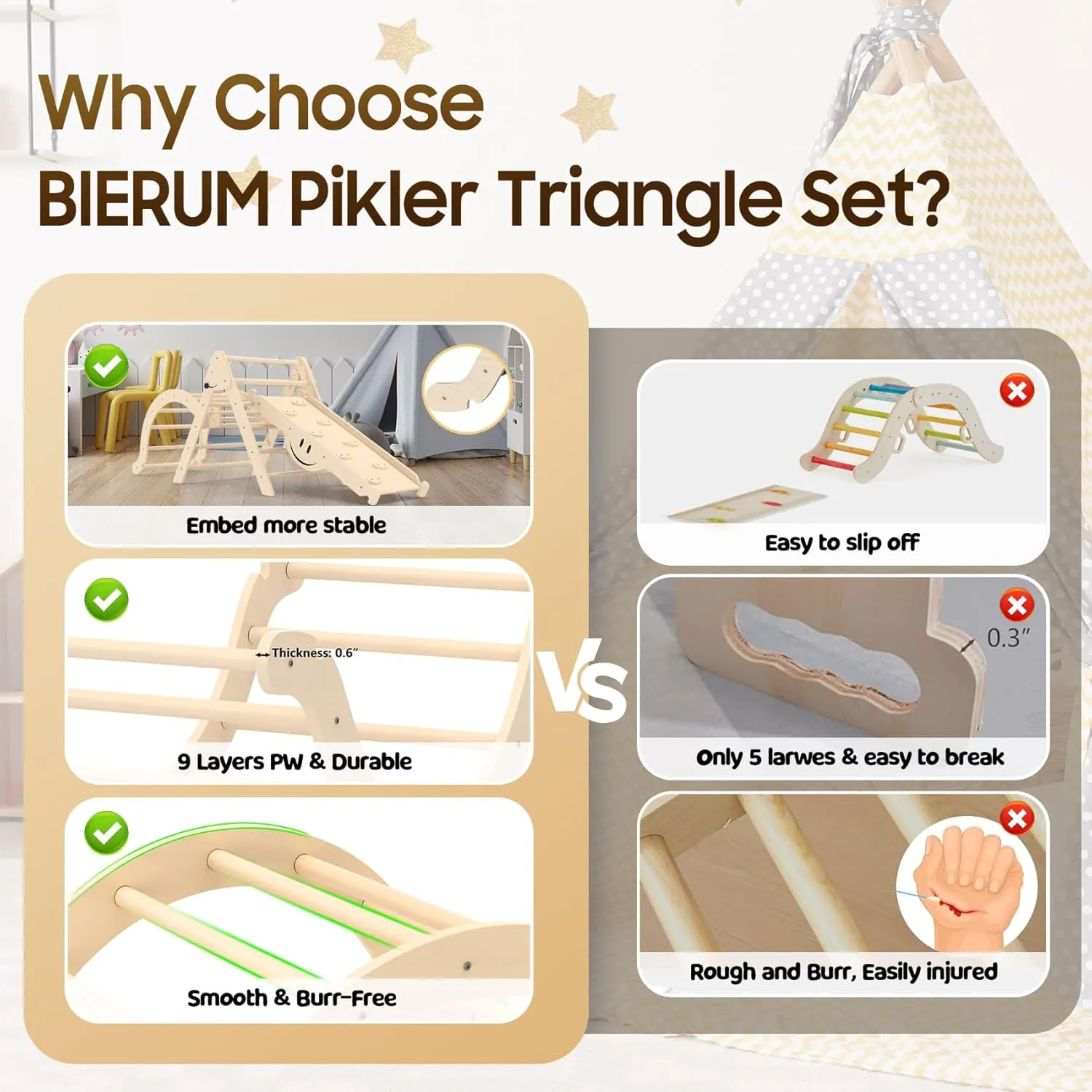 BIERUM Pikler Triangle Set 8 in 1, Wooden Toddler Climbing Toys Indoor with Soft Cushion,Foldable Pickler Climbing Set with Ramp Inside, Montessori Kids Climbing Gym, Natural